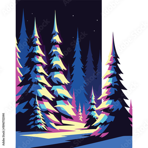 Vibrant digital illustration of snow-covered pine trees under a starry night sky with neon hues. Perfect for posters, wallpapers, and graphic designs.