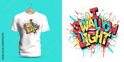This vector T-shirt features graffiti lettering reading “I Swallow Light,” combined with a stylized mouth, glowing shapes, dripping accents, splattered paint, and bold abstract fragments.