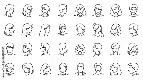 A set of people faces different hairstyles and expressions, diverse male and female avatars isolated on a transparent background.
