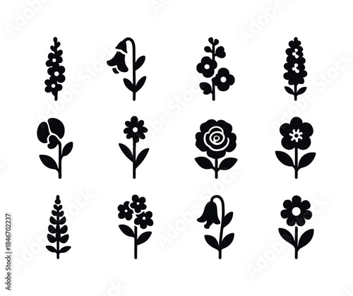 Cottage Flower Icons. Cottage flowers for bees. Solid icon set o