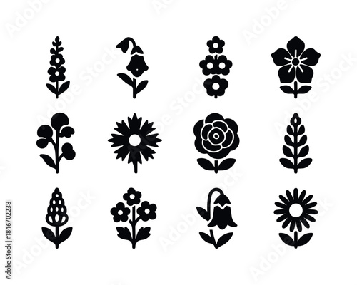 Cottage Flower Icons. Cottage flowers for bees. Solid icon set o