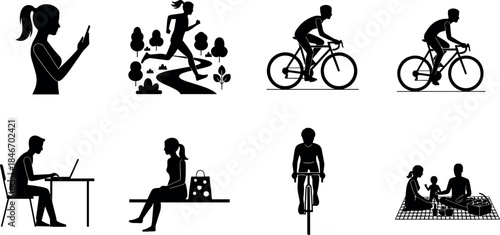 Active lifestyle and daily routine silhouettes featuring cycling, running, working, mobile use, relaxation, and family leisure activities isolated on white