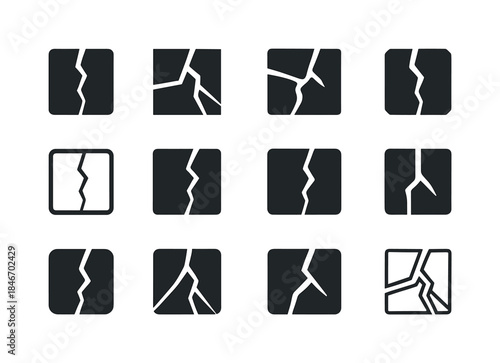 Cracked Tile Icons. Cracked floor tile. Icon set. Set Logo of cr