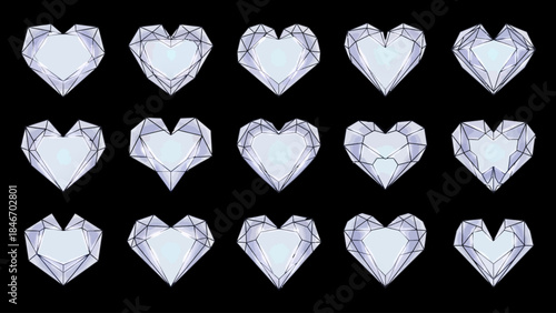 Set of fifteen Valentine's Day heart-shaped diamonds with faceted surfaces on a black background gemstone collection design element.