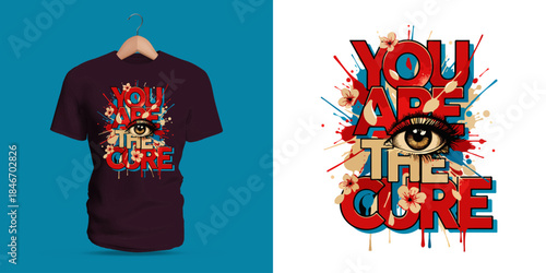 This vector T-shirt features graffiti lettering reading “You Are The Cure,” paired with a stylized eye, soft floral shapes, dripping accents, splattered paint, and bold colorful strokes.