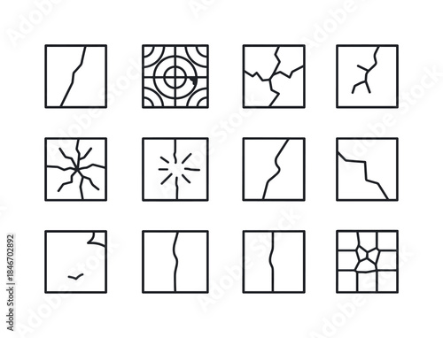 Damaged Tiles Icons. Damaged ceramic tiles. Line icon set of dam