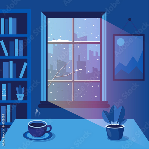 interior of a room with a window in winter