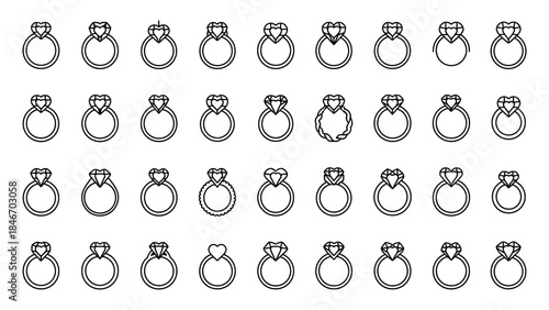 Set of engagement rings with a heart-shaped or diamond design, perfect for wedding and Valentine's Day themes.