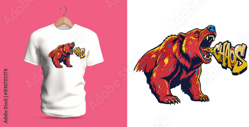This vector T-shirt showcases a fierce roaring bear illustration alongside graffiti lettering reading “Chaos.” The artwork includes dripping accents, splattered paint, jagged color strokes