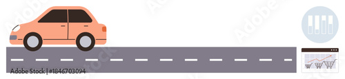 Orange car moving on a road, bar graph representing data analytics, and ecommerce chart with growth prediction. Ideal for business growth, data trends, transportation, analytics, e-commerce, success