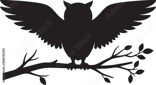 black silhouette of owl sitting on branch on white background, vector