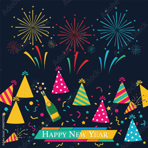Colorful illustration of party hats, fireworks, and confetti on a dark background with a Happy New Year banner. Perfect for celebrations, New Year's Eve greetings, and festive invitations.