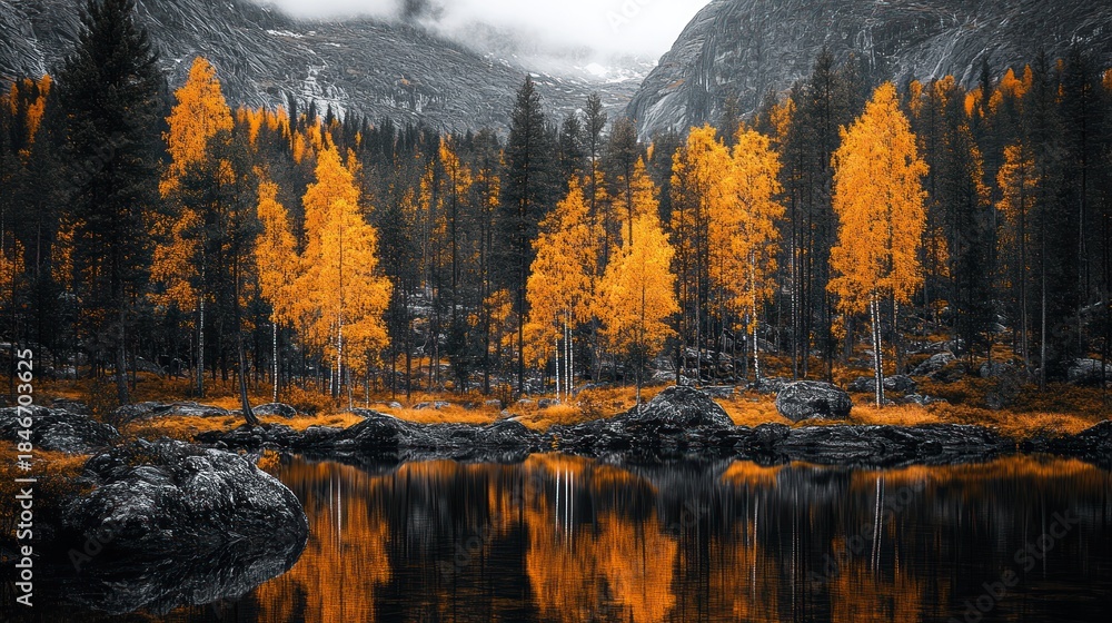Obraz premium Autumnal lake with vibrant gold trees reflecting in dark water, dramatic mountains