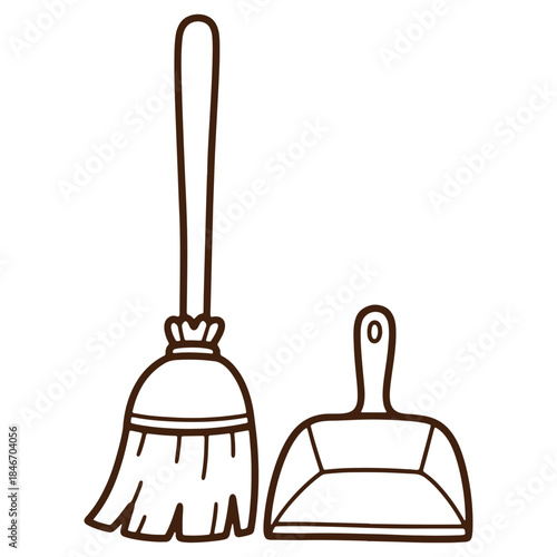Illustrated cleaning tools including broom and dustpan isolated on white background for home maintenance and organization