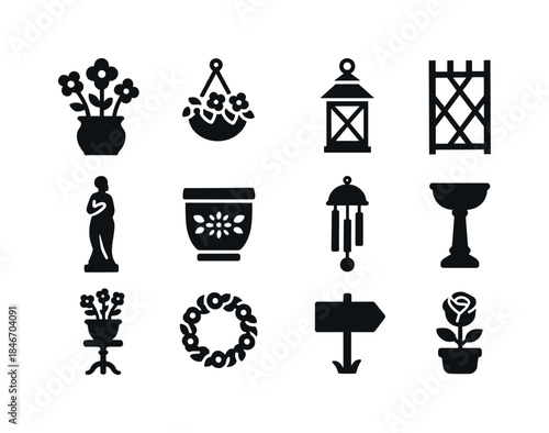 Floral Garden Icons. Floral Garden Decor. Solid icon set of Flor