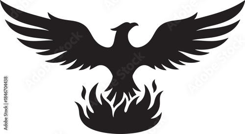 black silhouette of phoenix rising bird on white background, vector