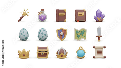 A collection of 3D rendered fantasy game icons, including a magic wand, potion, books, crystals, eggs, shield, map, sword, crown, chest, and scroll.