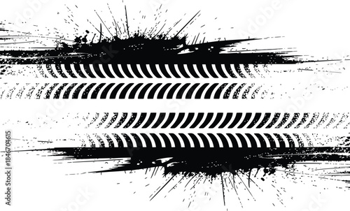 Grunge Black Tire Track Vector with Ink Splatter and Skid Marks