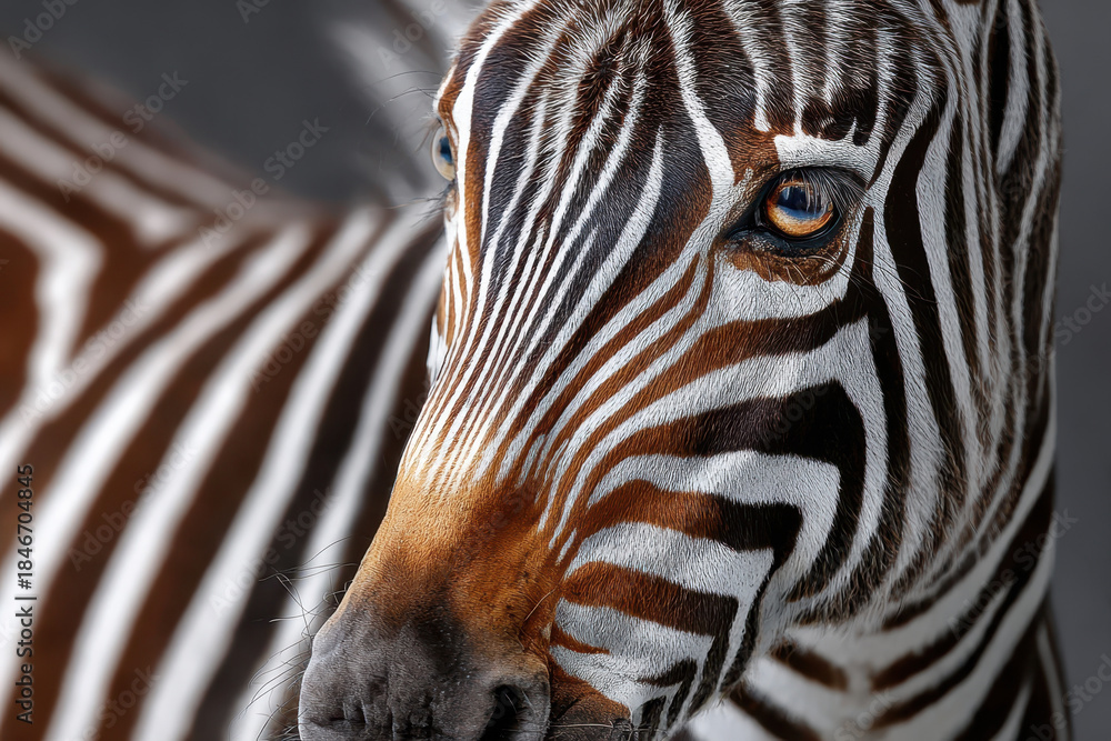 Obraz premium Close-up view of a zebra showcasing its striking black and white stripes in natural light
