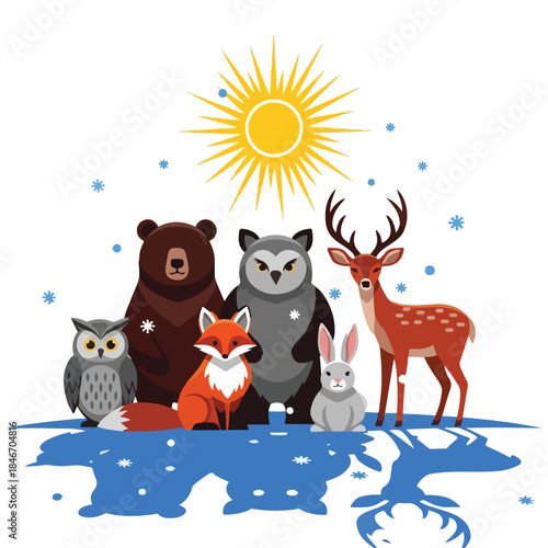 A digital illustration of a group of animals including a bear, owl, fox, raccoon, rabbit, and deer standing on melting ice with snowflakes and a sun. Perfect for environmental campaigns,