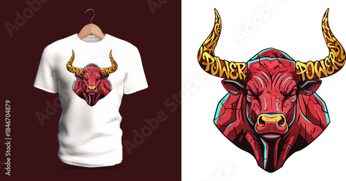 This vector T-shirt displays a stylized bull head with large horns and graffiti lettering reading “Power.” It incorporates sharp geometric shading, detailed textures, bold color contrasts,