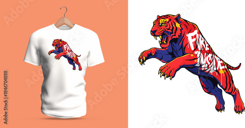 This vector T-shirt features a leaping tiger with graffiti lettering reading “Free Inside.” The artwork includes dynamic motion lines, vivid color blocking, dripping paint, sharp outlines, and express