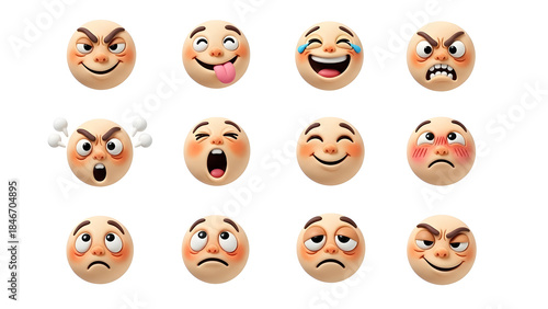 A collection of twelve distinct emoji faces, each conveying a unique emotion through exaggerated facial expressions and vibrant colors.