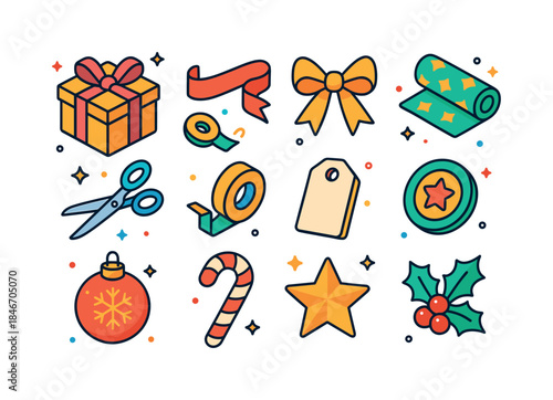 Holiday Gift Wrapping Icons. Holiday Gift Wrapping. Colorful iso