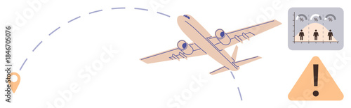 Airplane mid-flight along dashed route, destination marker, alert triangle, security scan. Ideal for aviation, travel safety, tourism, logistics, risk management transportation simple flat metaphor