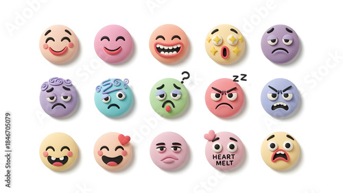 A collection of colorful clay emoji faces, each with a unique expression conveying a different emotion.