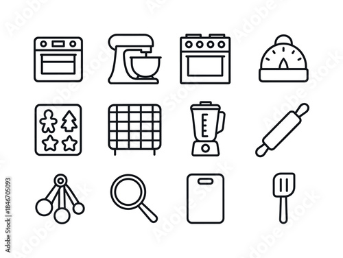 Holiday Kitchen Icons. Holiday kitchen tools. Line icon set of H