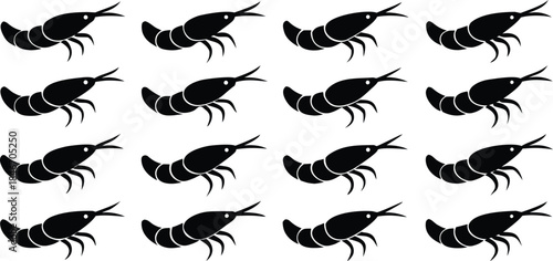 Repeating pattern of black shrimp icons creating a minimalist seafood-themed design