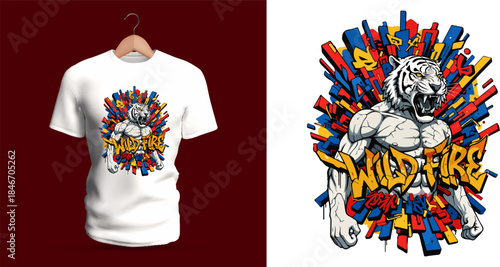 This vector T-shirt displays a heroic tiger character with graffiti lettering reading “Wildfire.” Explosive background shards, dripping accents, broken color blocks, and aggressive outlines create a f