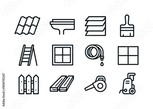 Home Exterior Care Icons. Home exterior care. Line icon set of H