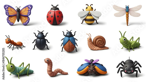 A vibrant collection of clay-sculpted insects, including a butterfly, ladybug, bee, dragonfly, ant, beetles, snail, grasshopper, caterpillar, and spider.