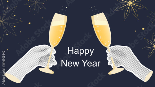 Happy New Year banner in collage style. Festive horizontal layout with congratulatory text and golden stars. Halftone hands holding champagne glasses. Dark blue festive template with gold decor