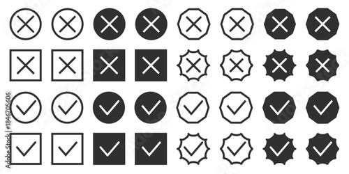 Black cross and checkmark icons for voting or answer selection. Symbols for exams, tests and questionnaires. Universal elements, vector graphics