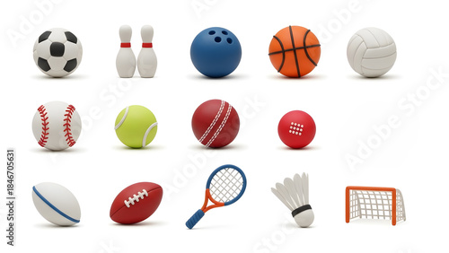 A collection of various sports balls, pins, a racket, shuttlecock, and goal.