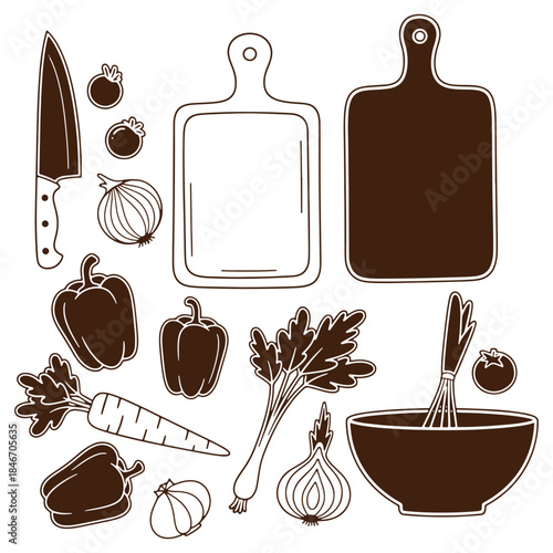 Illustrated kitchen icons featuring cutting boards knife vegetables and cooking utensils perfect for culinary themes