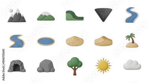 A collection of charming, clay-style 3D icons depicting various natural elements and landscapes.