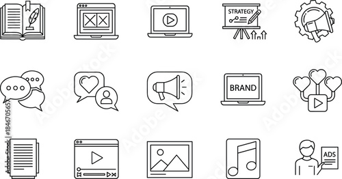 Content marketing, digital strategy, and branding line icons set including video, advertising, social media, storytelling, megaphone, and web design symbols.