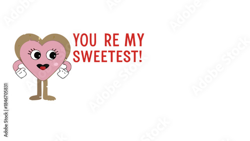 A pink heart shaped cartoon character with blonde hair and white gloves stands playfully with a cheerful expression