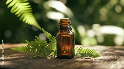 Amber bottle with fern leaves on wood, bokeh greenery