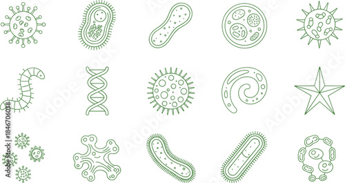 Biology and microbiology line icons set including bacteria, virus, germs, DNA, cells, parasites, and scientific research symbols for medical design.