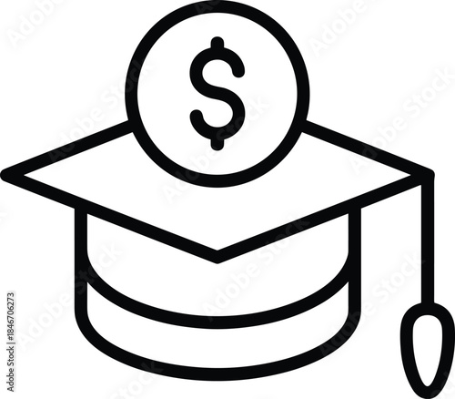 Scholarship, student loan, and tuition fee line icon representing financial aid, education cost, university debt, and investment in academic future.