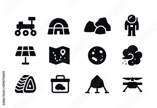 Mars Excursion Icons. Mars Excursions. Solid icon set of Mars Ex