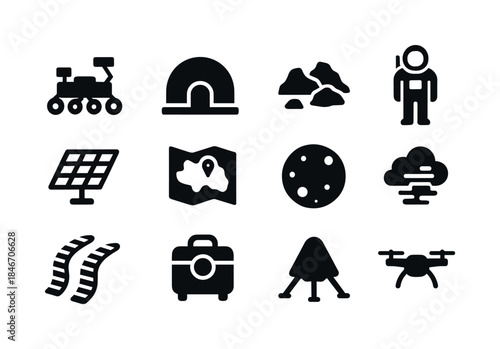 Mars Excursion Icons. Mars Excursions. Solid icon set of Mars Ex