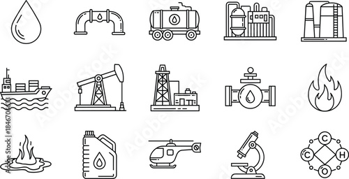 Oil and gas industry line icons set including petroleum, fuel refinery, pipeline, drilling rig, tanker, and energy factory signs.