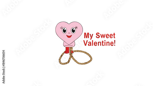 Anthropomorphic pink heart character with lasso and valentine's day text on white background