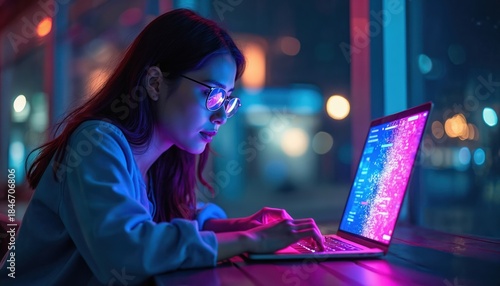 Young woman types on laptop in neon light. Night city background blurred. Colorful screen illuminates face. Focus on coding or digital art. Inspiring creative workspace.